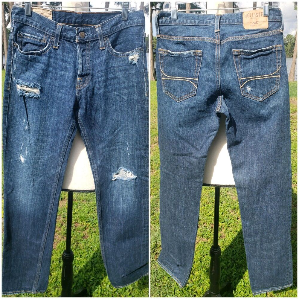 Hollister Jeans Mens 30x32 Blue Skinny Distressed Button Fly Denim Dark Wash Y2K